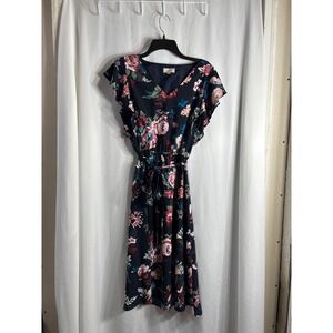 LOFT Outlet Navy Floral Flutter‎ Sleeve Midi Dress Tie Waist Size M